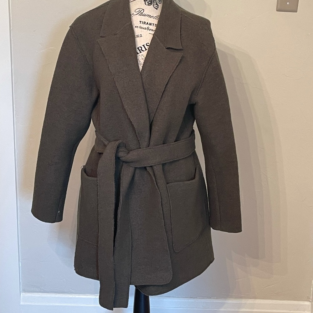 EUC 100% wool J Crew belted cardigan dark green